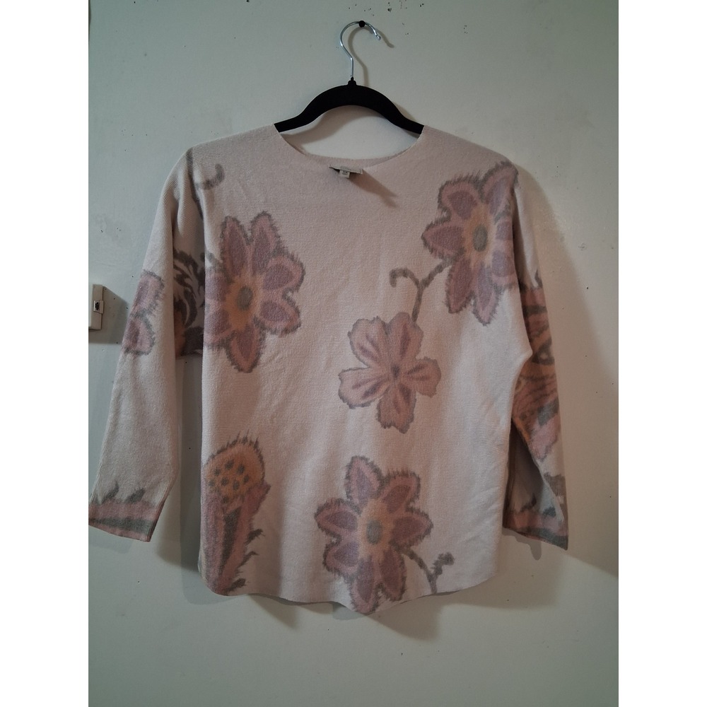 Sioni Womens XS Floral Knit Sweater Cream Pink 3/4 Sleeve Crew Neck Pullover